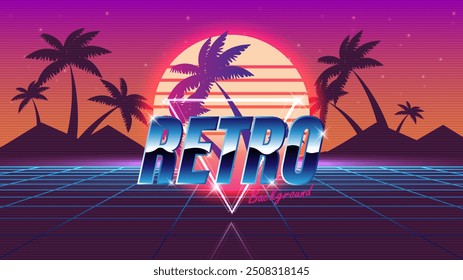 Fondo retro. Paisaje de estructura de alambre de onda sintética para activos de juego en Ilustraciones vectoriales. Fondo de ciencia ficción de futurismo retro. rejilla de neón brillante. y estrellas de la Muestra gratis arcade vintage	