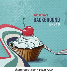 Retro background with tasty cupcake