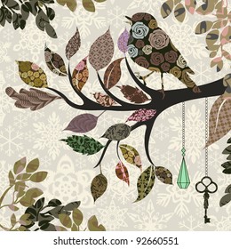 Retro background of tree branch with leaves and bird of patches