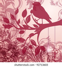 Retro background of tree branch with leaves and bird