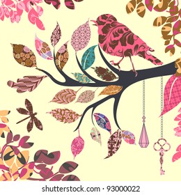 Retro background of tree branch with leaves and bird of patches