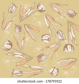 Retro background with  tulips and amarilis. Vector illustration