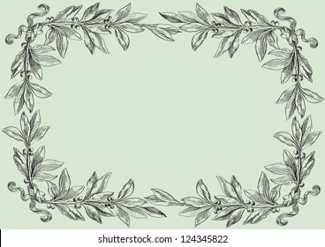 Retro background. Vector  decorative border with laurel branches at engraving style.