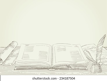 Retro background. Vector background with old  book and antique objects at engraving style. 