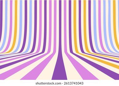Retro background with vintage rainbow lines and 70s graphic design. Colorful curved stripes in geometric, abstract, and funky style. Groovy vector wallpaper with psychedelic seventies pop art shapes.
