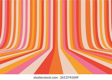 Retro background with vintage rainbow lines and 70s graphic design. Colorful curved stripes in geometric, abstract, and funky style. Groovy vector wallpaper with psychedelic seventies pop art shapes.