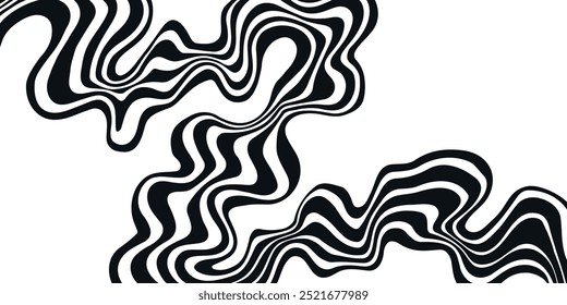 Retro Background with Wavy Black Lines, Monochrome, Psychedelic Art, Minimalism, Aesthetic, Groovy Poster, Stripes, Vintage, Vector Illustration