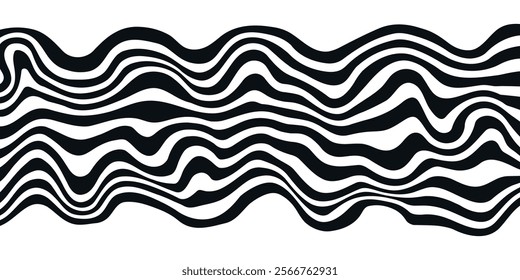 Retro Background with Wavy Black Lines, Monochrome, Minimalism, Psychedelic Art, Aesthetic, Groovy Poster, Stripes, Vintage, Vector