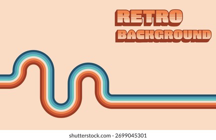 Retro background with wavy horizontal stripe design in orange, teal, and beige tones and bold vintage typography, 70s inspired geometric vector layout for poster or wallpaper