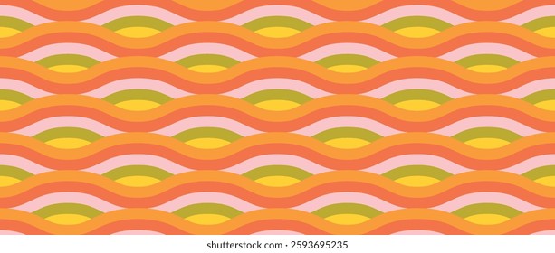 Retro Background with Wavy Lines, Orange, Pink, Yellow, Green, Groovy, Vintage Pattern, Vector