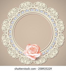 retro background with white empty lace frame doily, realistic rose on beige background. in pastel colors.  for greeting, birthday card, wedding invitation. vector illustration.