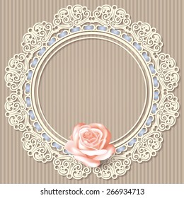 Fondo retro con marco de encaje blanco vacío, rosa realista sobre fondo lineal beige. en colores pastel. para saludo, tarjeta de cumpleaños, invitación de boda. Ilustración vectorial.