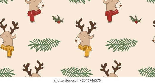 Retro background.Christmas funny seamless pattern.New Year's deer with scarf in trendy 70s-80s style.