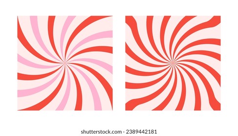 Retro backgrounds with a color sunburst or starburst. Patterns with vintage color palette, swirl stripes. Vector groovy illustration of 60s.