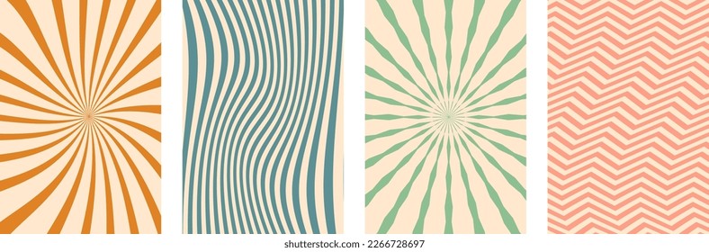 Antecedentes retro. Rayos rojos, líneas verdes con curvatura. Conjunto de cuatro fondos retro independientes sobre un fondo blanco. Antecedentes para uso web, postales, folletos. Vector