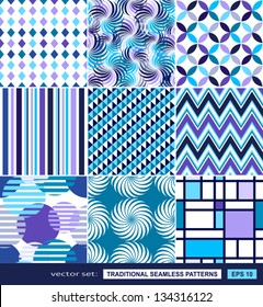 Retro backgrounds set, blue and violet seamless patterns, geometric fabrics for decoration and design