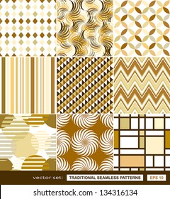 Retro backgrounds set, cream and beige, seamless patterns, geometric fabrics for decoration and design