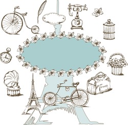 Retro Backgrounds And Vintage Labels With Bikes, Gramophone, Eiffel Tower. Vector Illustration