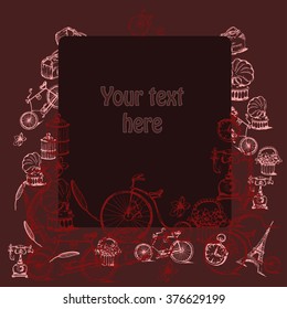 retro backgrounds and vintage labels with bikes, gramophone, Eiffel tower. Vector  illustration. Card design.