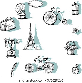 retro backgrounds and vintage labels with bikes, gramophone, Eiffel tower. Vector illustration