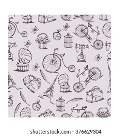 retro backgrounds and vintage labels with bikes, gramophone, Eiffel tower. Vector seamless illustration