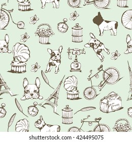 Retro backgrounds and vintage labels with  French bulldog, bikes, gramophone, Eiffel tower. Vector seamless illustration. Wrapping paper design.