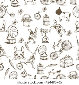 Retro backgrounds and vintage labels with  French bulldog, bikes, gramophone, Eiffel tower. Vector seamless illustration. Wrapping paper design.