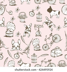 Retro backgrounds and vintage labels with  French bulldog, bikes, gramophone, Eiffel tower. Vector seamless illustration. Wrapping paper design.