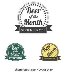 Retro badge beer of the month label vector. Black and white set emblems design elements. Barrel of beer with star