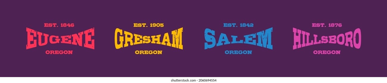 Retro badge Eugene, Gresham, Salem, Hillsboro, Oregon, USA. Visit city logo template for banner, flyer and branding