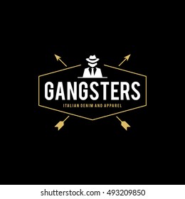 Retro badge Gangsters and Mafia. Man in black suit. Vector illustration