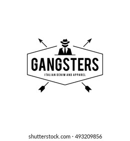 Retro badge Gangsters and Mafia. Man in black suit. Vector illustration