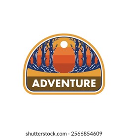 Retro badge graphic vector design of trees with sunset