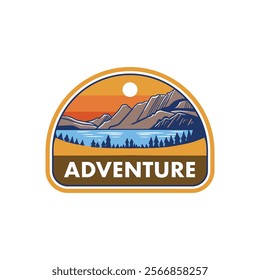 Retro badge graphic vector design of lake and mountain with sunset