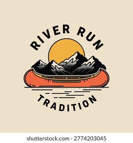 Retro badge illustration featuring an orange canoe, snowy mountains, and a sunset sun with circular text layout.