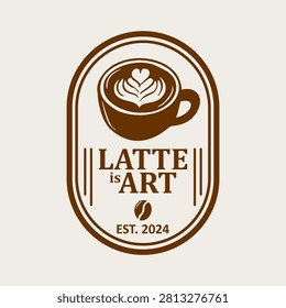 Retro badge logo featuring a latte art coffee cup in flat vector style. Ideal for cafés, coffee houses, barista brands, coffee packaging, merchandise, and specialty coffee businesses.