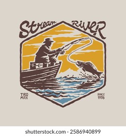 Retro badge logo illustration fisherman fishing adventure on river lake forest nature holiday. Retro outdoor apparel design supply gear