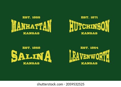 Retro badge Manhattan, Hutchinson, Salina, Leavenworth, Kansas, USA. Visit city logo template for banner, flyer and branding