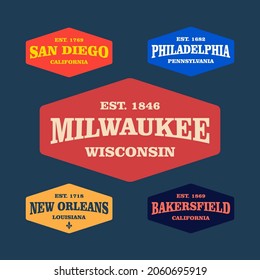 Retro badge Milwaukee, San Diego, Philadelphia, New Orleans, Bakersfield, USA. Visit city logo template for banner, flyer and branding