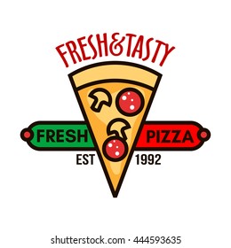 Retro badge of original italian pizza topped with sausages, mushrooms and cheese adorned by red and green banner with caption Fresh Pizza. Great for pizzeria signboard or takeaway box design