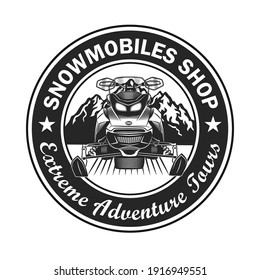 Retro badge for snowmobile shop vector illustration. Monochrome label with snowmobile and mountains. Extreme and winter sport concept can be used for retro template