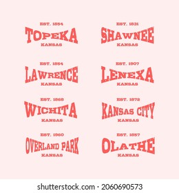 Retro badge Wichita, Topeka, Shawnee, Lawrence, Lenexa, Kansas City, Overland Park, Olathe, Kansas, USA. Visit city logo template for banner, flyer and branding