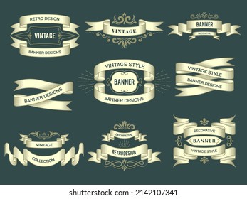 Retro badges. Hand drawn ribbons with place for text vintage sketched swirls tapes recent vector illustrations