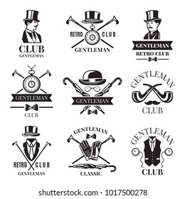 Retro badges or labels set for gentleman club. Logos design template with place for your text. Gentleman logo club, label vintage emblem elegant and fashion. Vector illustration