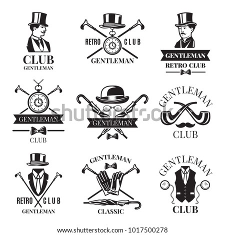 Retro badges or labels set for gentleman club. Logos design template with place for your text. Gentleman logo club, label vintage emblem elegant and fashion. Vector illustration