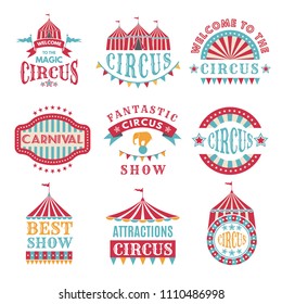 Retro badges or logotypes of carnival and circus. Entertainment and amusement basge. Vect5or illustration