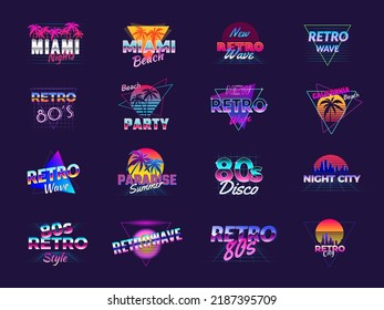 Retro badges. Stylized synth wave logo neon 1980s style cyberpunk colored templates. Recent vector pictures collection isolated