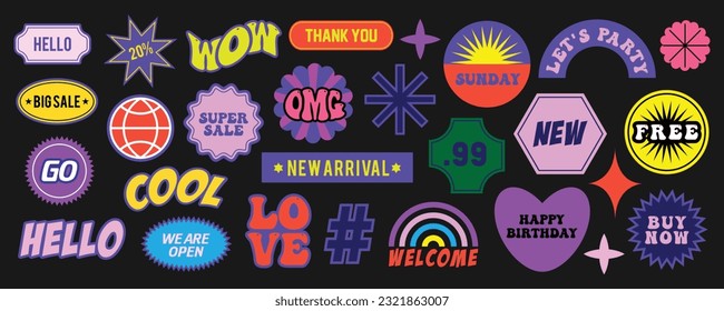 Diseño de vectores de insignias retro.Colección de varios parches, etiquetas, etiquetas, pegatinas, sellos para compras y empaques, descuentos, nueva colección.etiquetas de promoción de moda.
