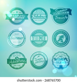 Retro badges for your design on a soft blurred background. Vintage  typography design. Summer holidays, travel, vacation, adventure labels. Vector illustration.