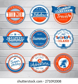 Retro badges for your design on wooden background. Vintage summer typography design. Summer holidays, travel, vacation adventure labels template set. Vector illustration.